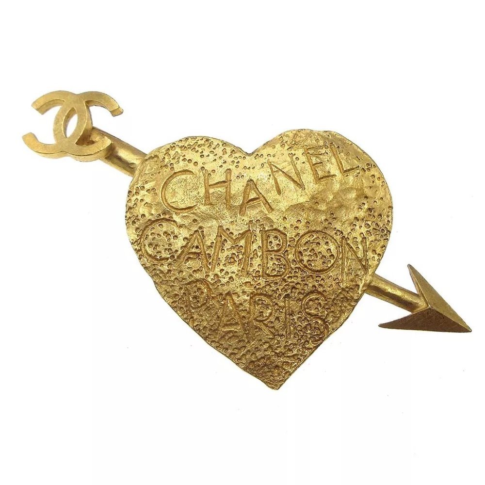 Chanel Bow And Arrow Heart Brooch Pin Gold 93A